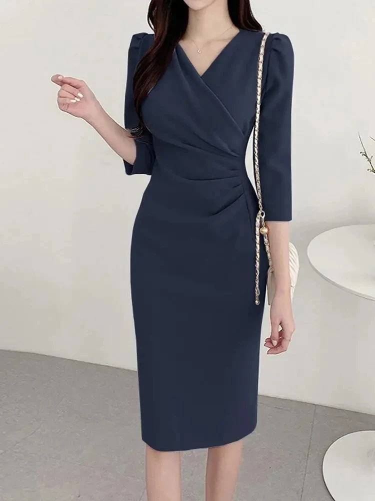 2025 Summer Fashion Women’s Dress - Sexy Solid Color Knee-Length Bodycon Sundress, Elegant 3/4 Sleeve V-Neck Work OL Vestidos