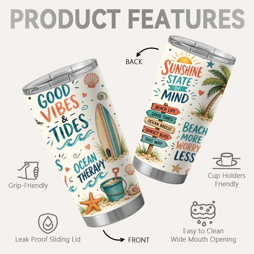 Beach Design Vacuum Flasks 20oz Insulated Tumbler Stainless Steel Coffee Cup Leakproof Sliding Lid for Work Travel