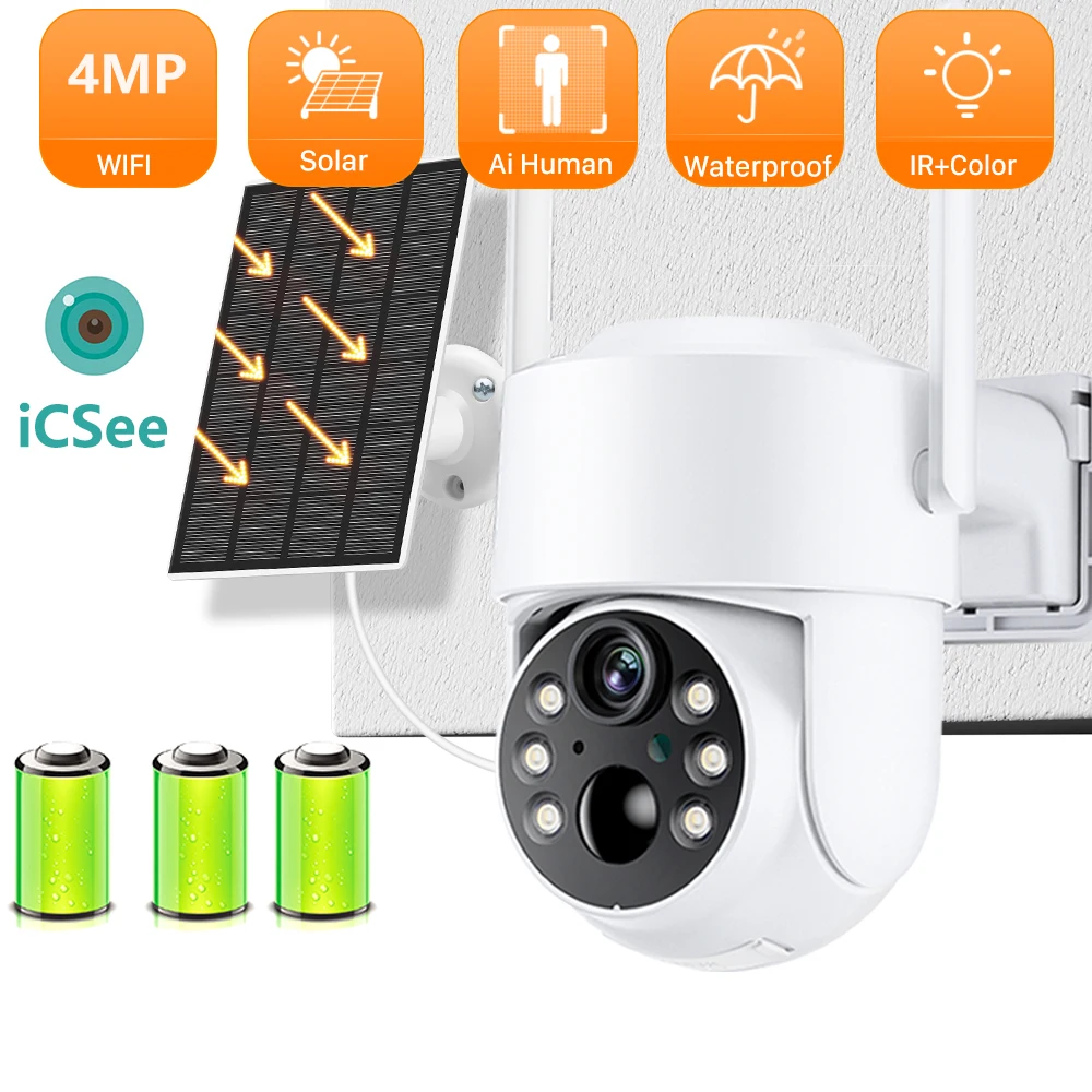 

WiFi PTZ Camera Outdoor Wireless Solar IP Camera 4MP HD Built-in Battery Video Surveillance Camera Long Time Standby iCsee APP