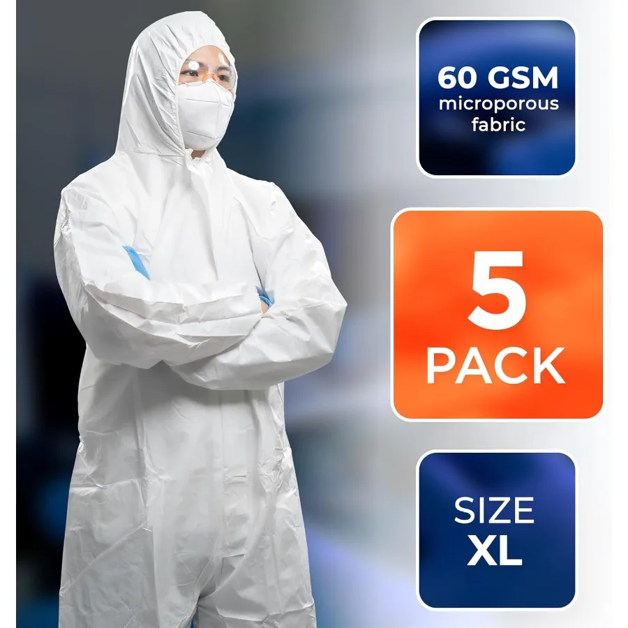 بدلات Hazmat البيضاء حزمة كبيرة مكونة من 5 أغطية مقاومة للماء للاستعمال مرة واحدة مع غطاء محرك السيارة وأحذية مرنة للمعصمين وسحاب مقاوم للتمزق 60