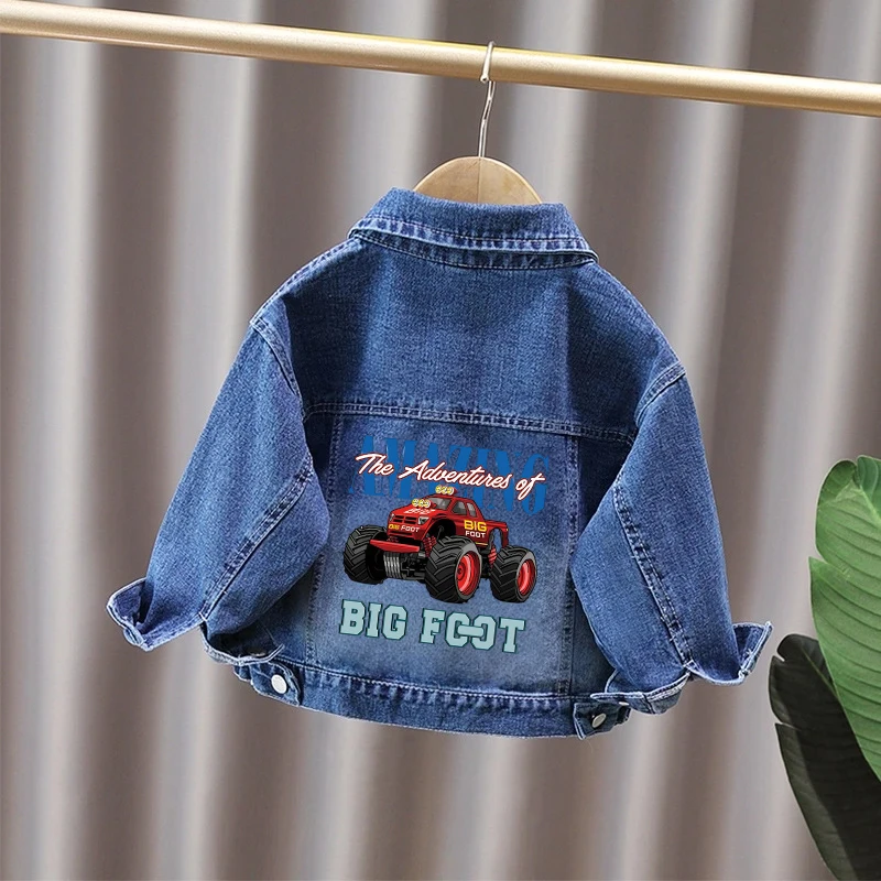 Denim Jacket For Kids Girls Boys With Cartoon Excavator Print Jean Outerwear Fashionable Children's Clothing For Fall