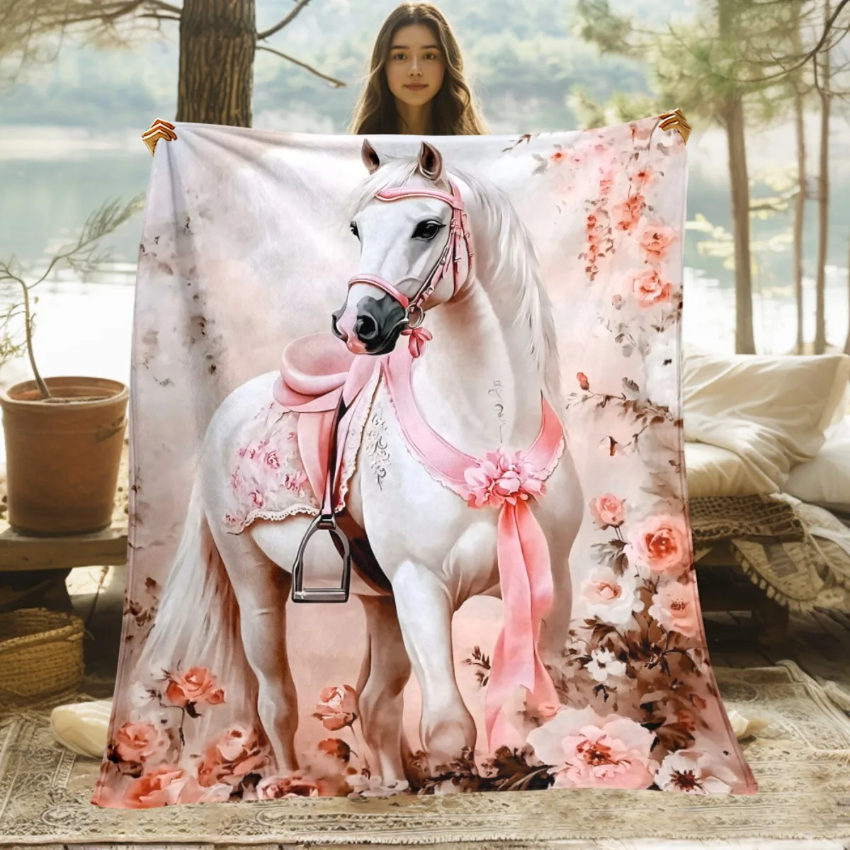 Large Decorative Floral Throw Blanket Horse and Rose Print Cozy Home Decor Gift for Girls Equestrian Pet Lovers Plush Throw