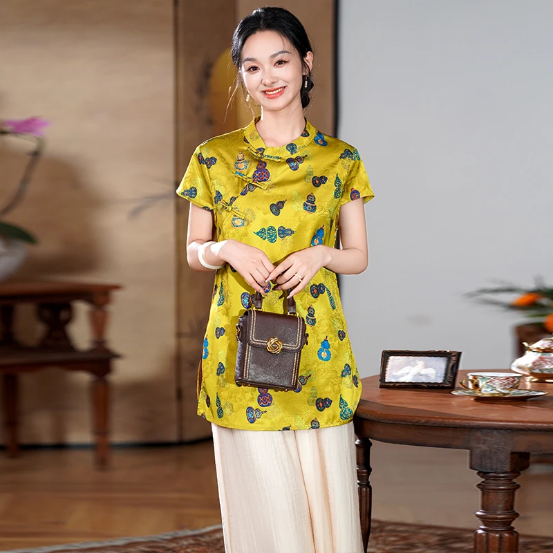 بلوزة نسائية صينية خفيفة الوزن - قميص بأكمام قصيرة وطبعة زهور عتيقة، قميص صيفي مريح وجيد التهوية