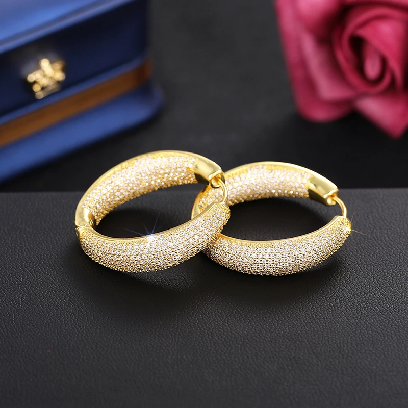 Huitan Bling Bling Hoop Earrings Silver Color/Gold Color Full CZ Luxury Trendy Earrings for Women Wedding Party Gorgeous Jewelry