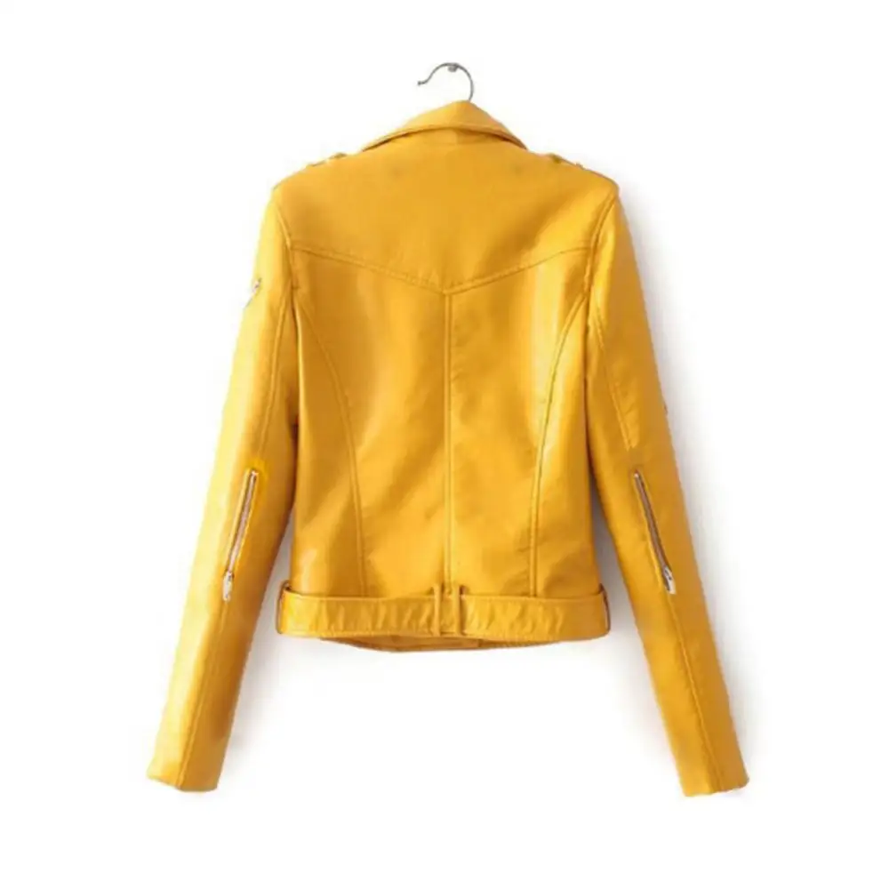 Chaqueta de manga larga con solapa para mujer, abrigo de piel sintética con cremallera, Color liso, para primavera, 2023