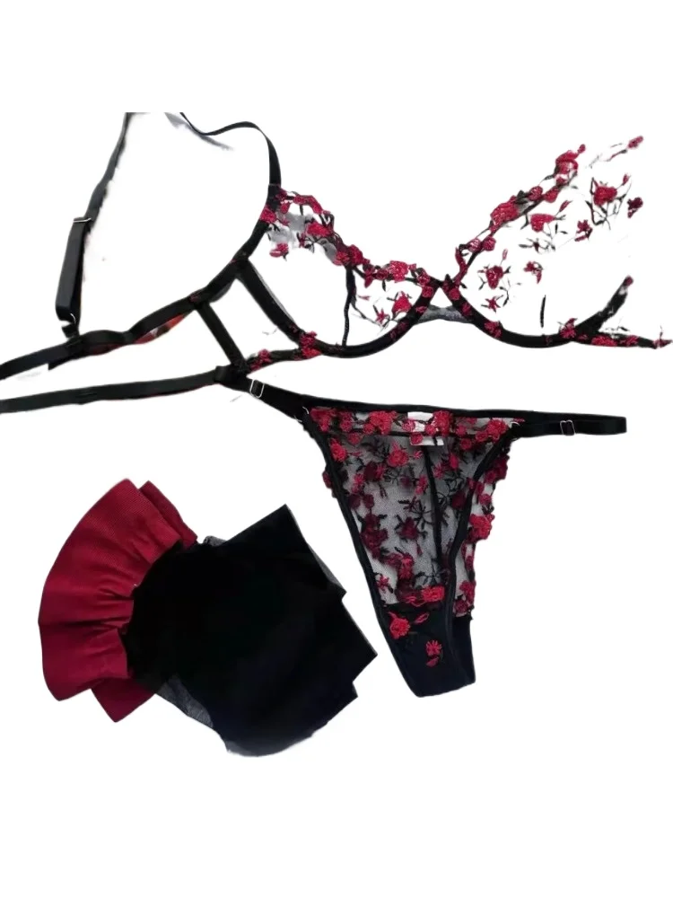 

KUCLUT Style Luxury Lingerie-Floral Embroidery Black Sheer Bra Set, Sensual Women's Intimates Elegant Transparent Underwear