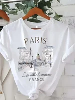 Années 90 T-shirt Paris Femmes Imprimé T-shirt Fille Manches Courtes Col rond Haut Décontracté pour L'été Printemps Vêtements Pour Femmes 1