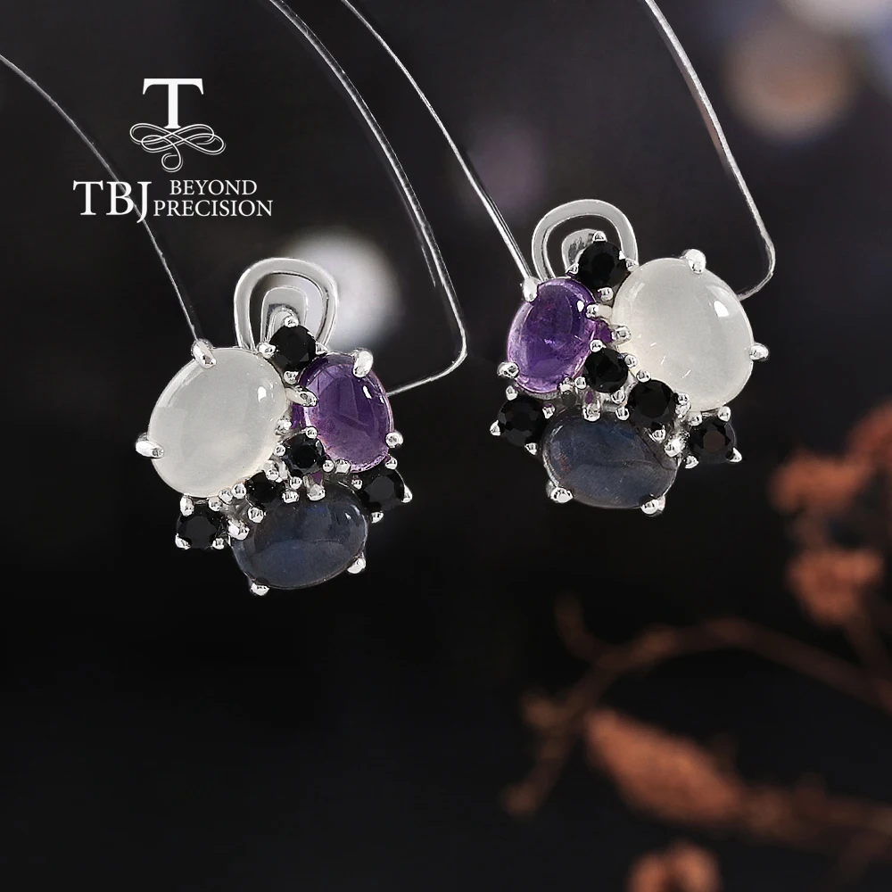 

Изысканные серьги из стерлингового серебра 925 пробы с натуральным белым лунным камнем, аметистом и голубым лабрадоритом — изысканные ювелирные украшения для женщин, идеальный подарок на помолвку.
