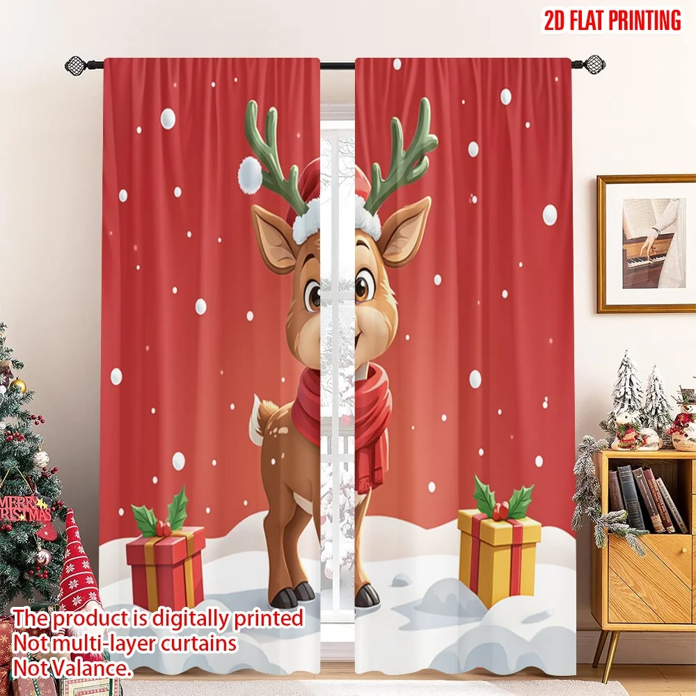 

2pcs 2D flat printing Christmas Scene Curtain Cute Christmas Reindeer Snowflakes 100% Polyester Without Electricity Party &