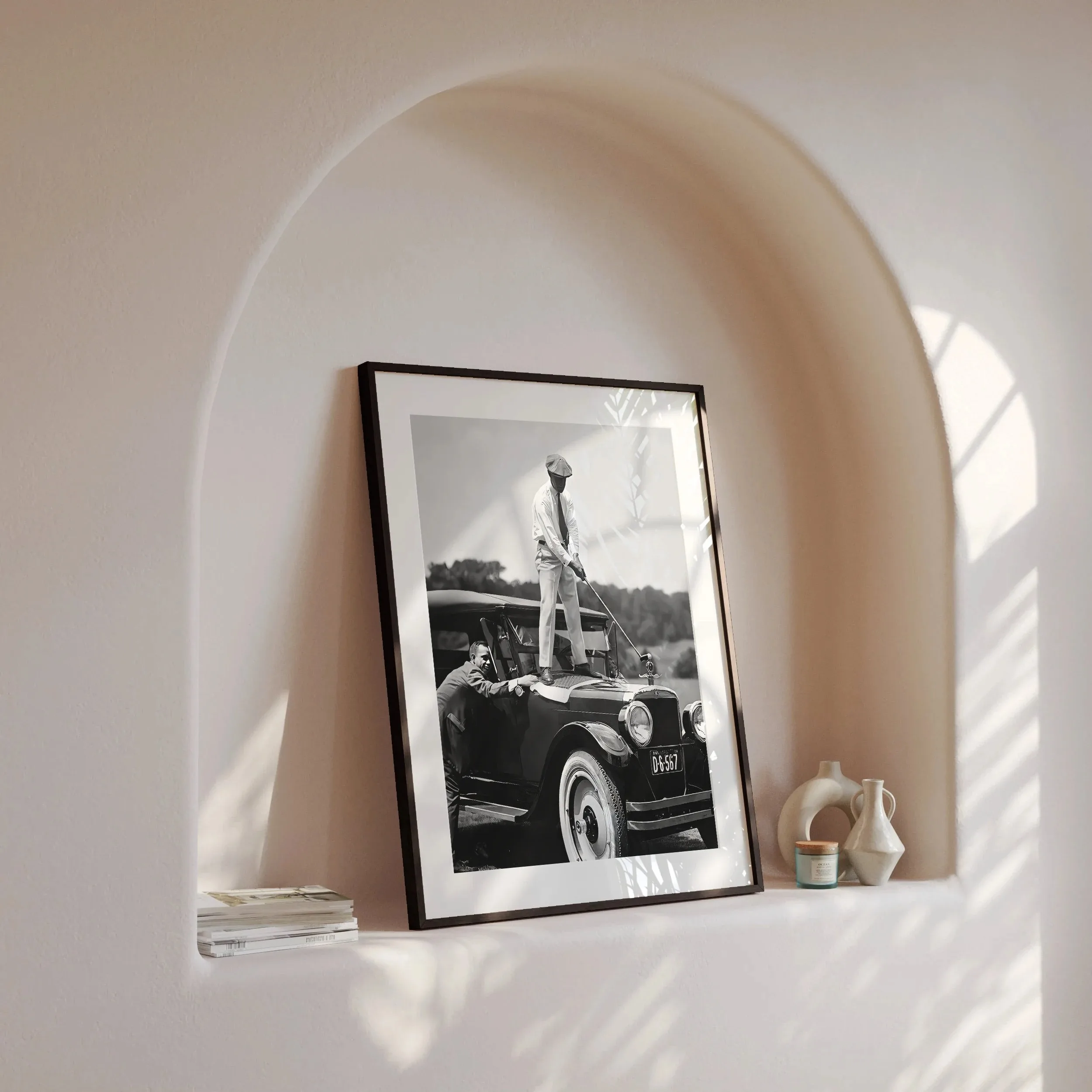 Vintage Golfer Teeing on Car Wall Art, Black and White Print, Sports Bar Wall Decor, Funny Wall Art Gift for Men, Retro Golf Art