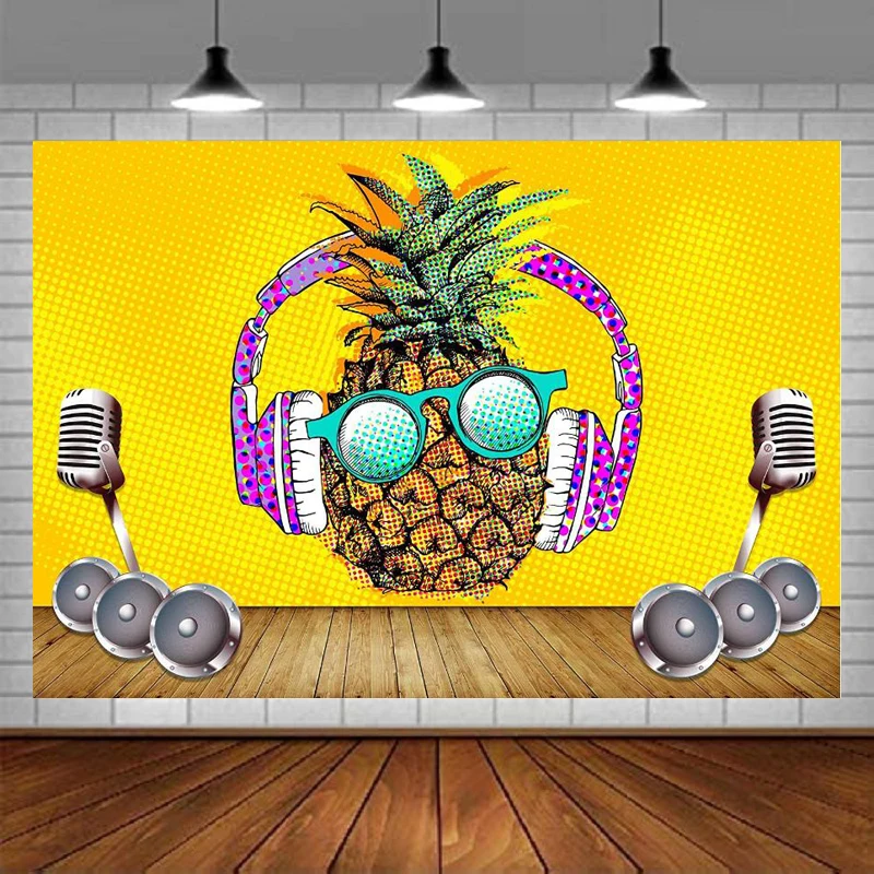 Cool Pineapple Music Theme Photography Backdrop Yellow Fruit Backdrop For Wooden Floor KTV Poster Wallpaper Photo Background