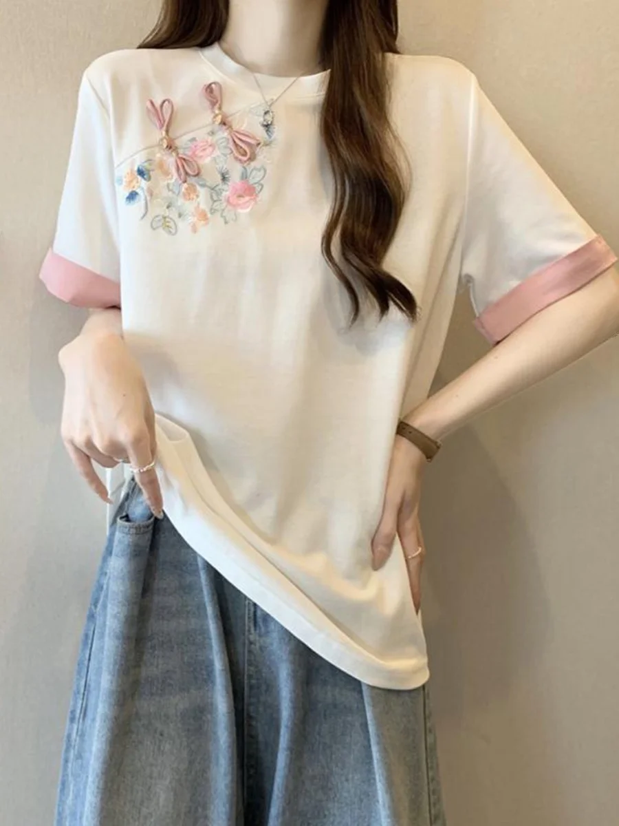 

New Chinese Sle Embroidered ort Sve T-irt Women's Summer plus Size Big MM Trendy oulder Button up Top Cotton Blend