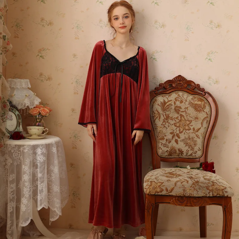 Retro Sexy Square Neck Nightgown Winter Velvet French Court Style Princess Sleepwear Sweet Long Sleeve Warm Nightwear Nightdress