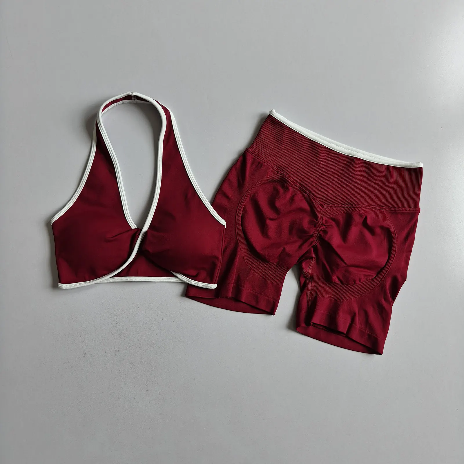 2-teiliges nahtloses Sport-Set mit Push-up-BHs für Damen, geeignet für Laufen und Aerobic, hochelastische, hüftformende Sport-Shorts. – Detail 12