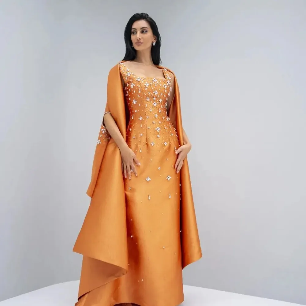 

Customized Evening Gown Formal Women Prom Dress Saudi Arabia Orange Luxury Dresses With Cape Rhinest