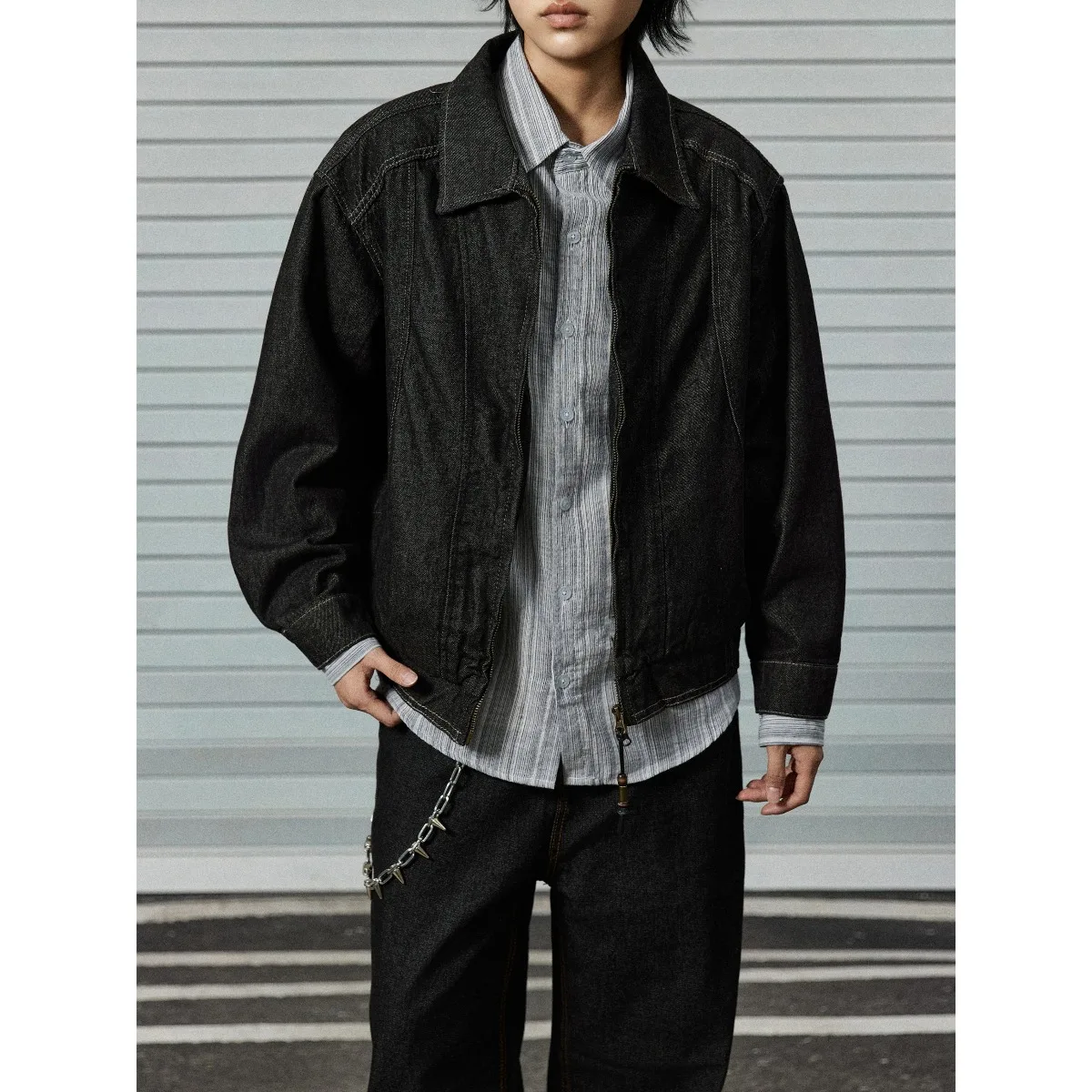 Double Zipper Casual Style Original Jeans Collar Jacket Men's Autumn Fashionable Versatile Top Long Sleeve Pure Color Polyest...