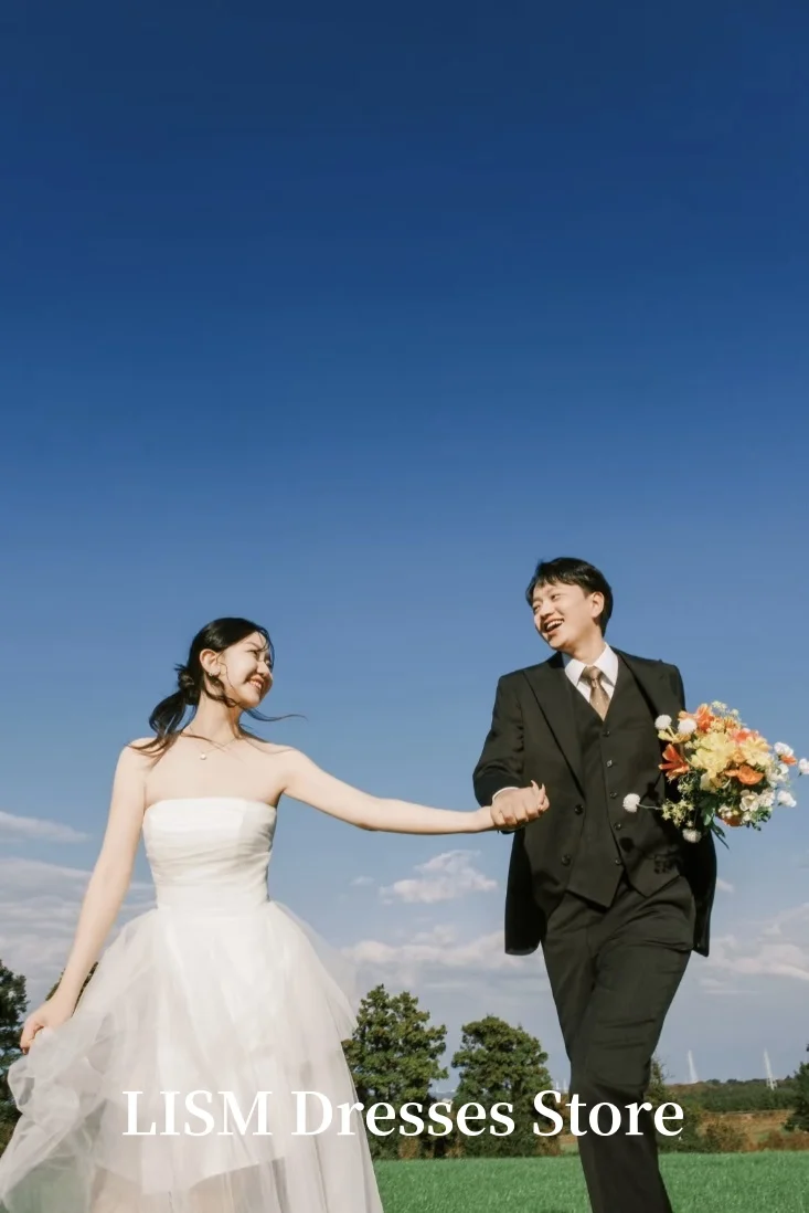 LISM Strapless A-Line Korea Wedding Dresses Photo Shoot Soft Tulle Floor Length Elegant Bridal Gowns 웨딩드레스 Customized Corsets
