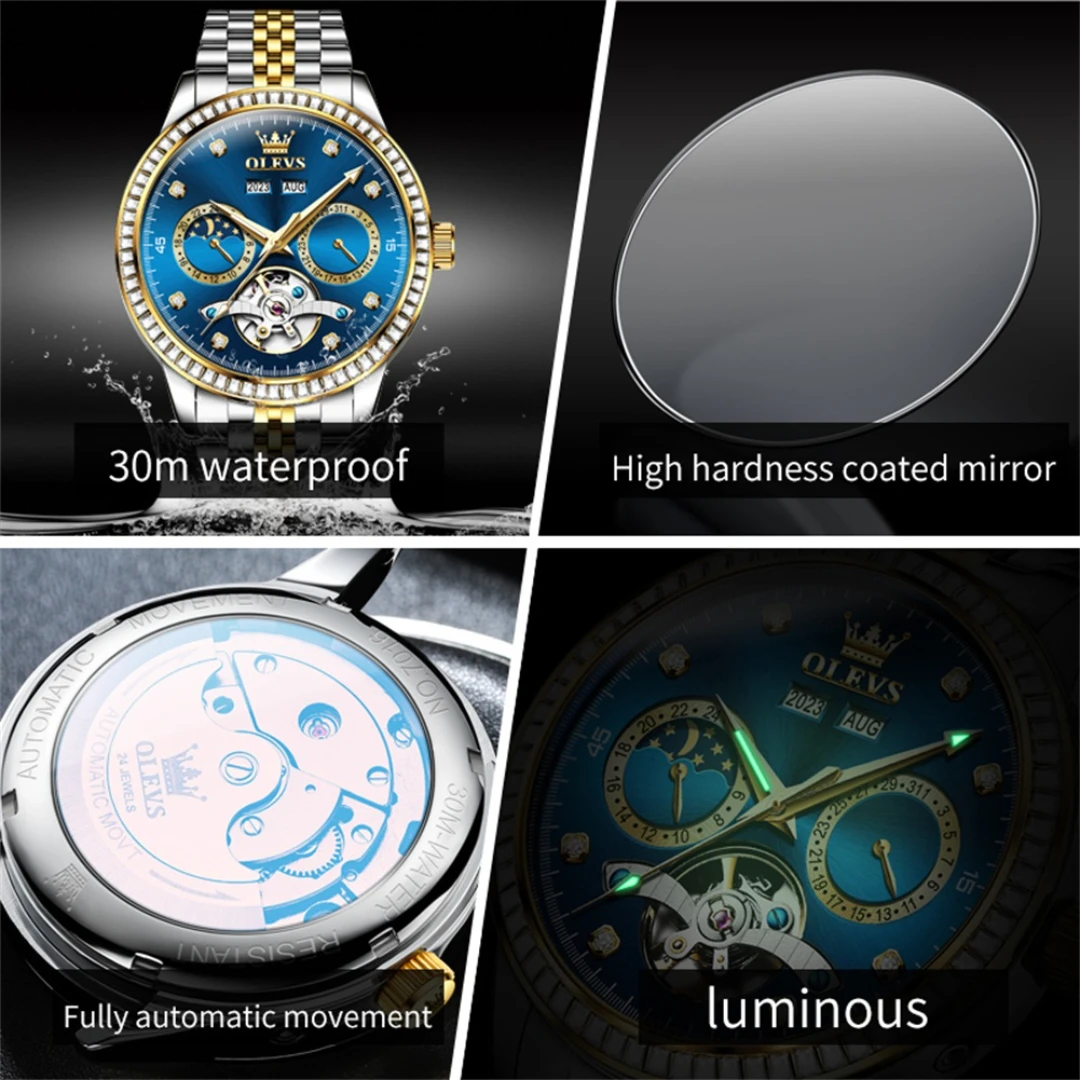 OLEVS 7016, модные механические часы, подарок, круглый циферблат, ремешок для часов из нержавеющей стали, наручные часы, календарь с дисплеем месяца