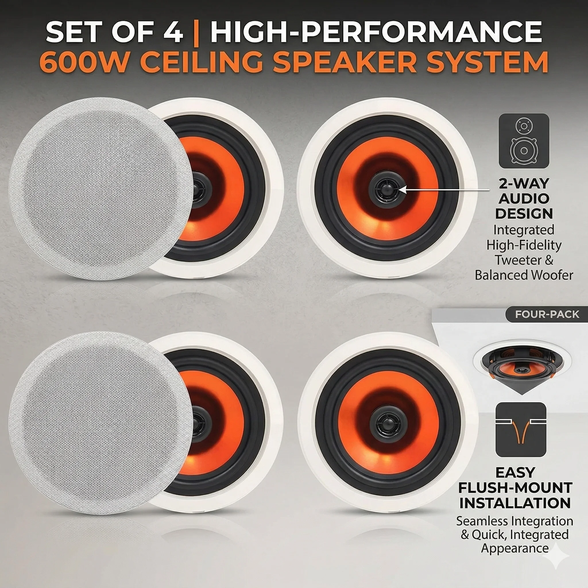 

Herdio 6.5" 4 PCS Ceiling Speakers Home Embedded Speaker System Top Power 600 Watts For Kitchen Bedroom Bathroom Covered Patio