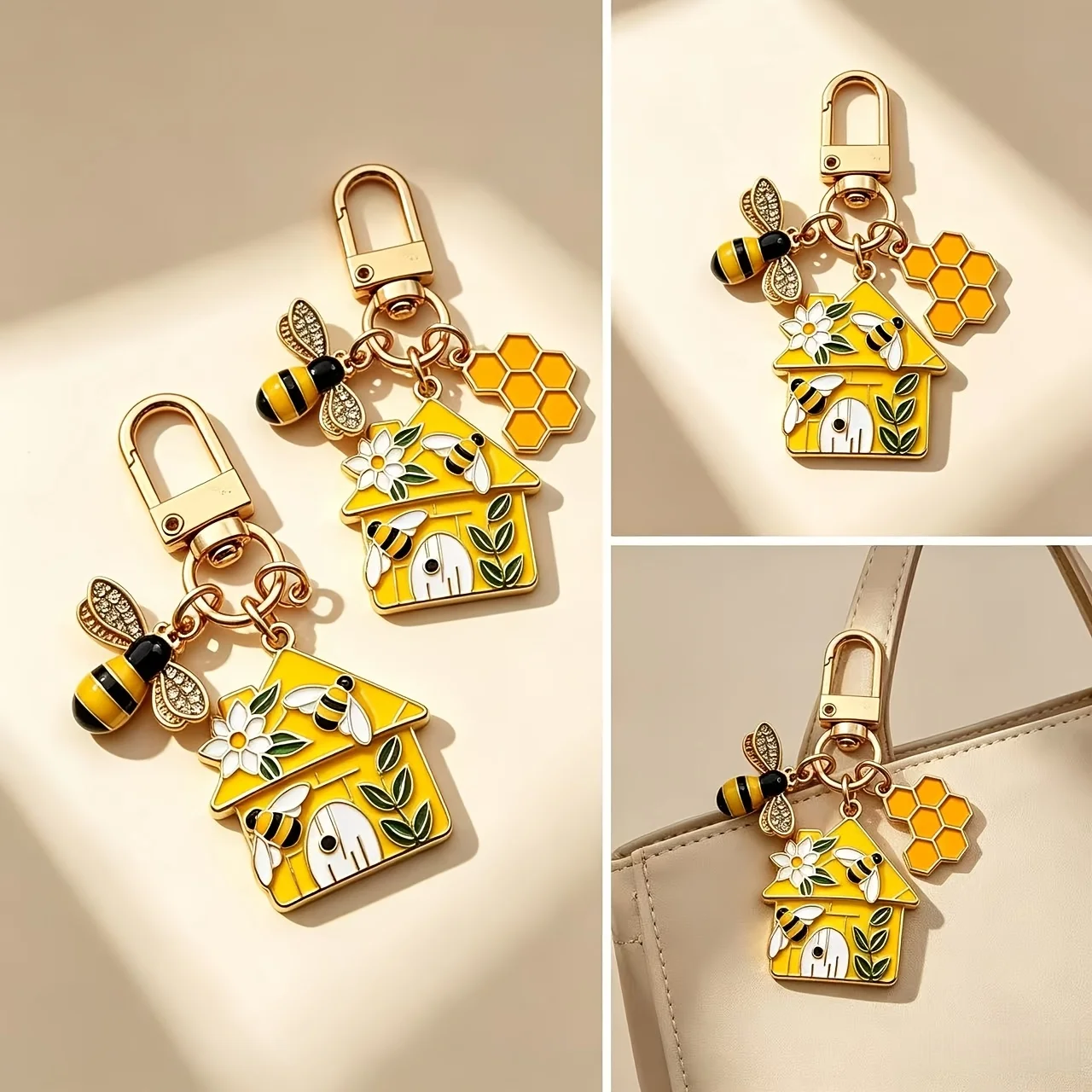 2 pièces porte-clés abri d'abeille en émail, pendentif nid d'abeille scintillant en strass, accessoire de sac tendance