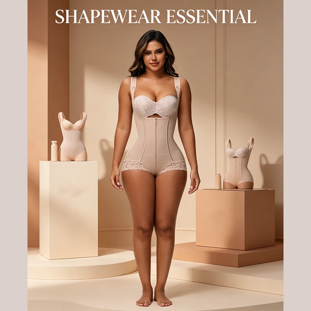 

Adjustable Strap Zipper Shapewear Bodysuit High Compression Tummy Control Waist Cincher Butt Lifter Post Liposuction Faja