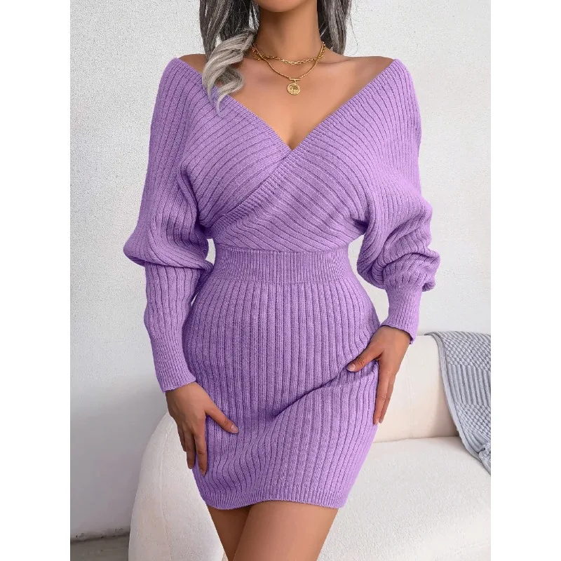 

2024 Autumn Winter Bodycon Sweater Dresses Casual Long Sleeve Knitted Clothes Women's Clothing