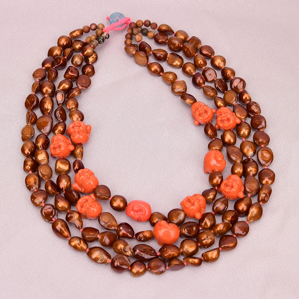 APDGG A43 Handmade 4 Rows Natural Mix Stone Tooth Shell Resin Face Multi Strands Necklace