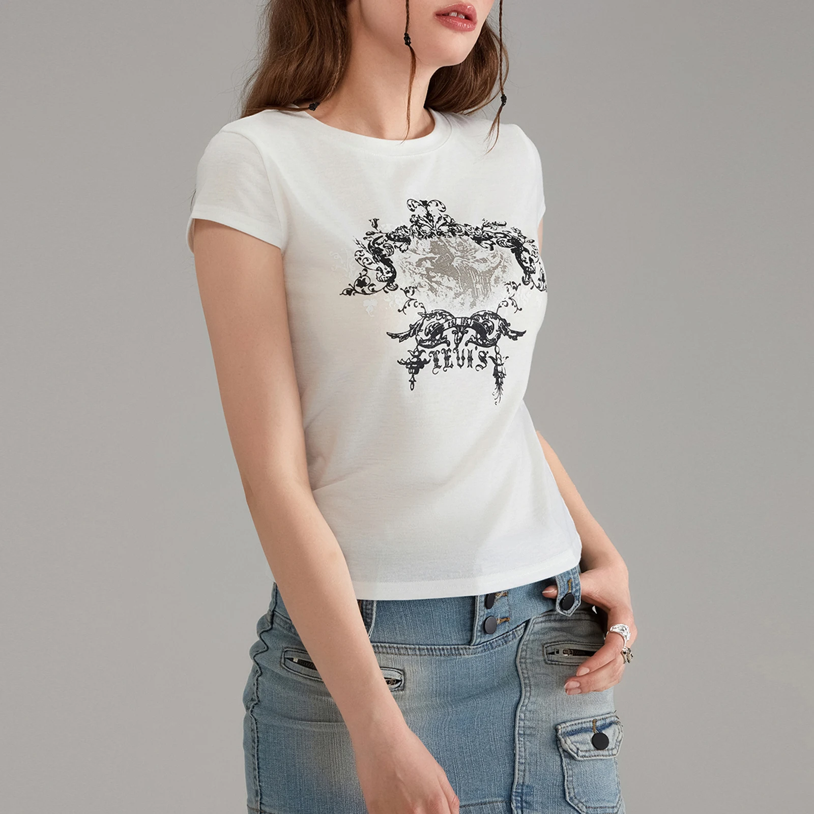 Camiseta básica informal de manga corta Rero para mujer, camisetas ajustadas con estampado vintage y cuello redondo con ombligo descubierto