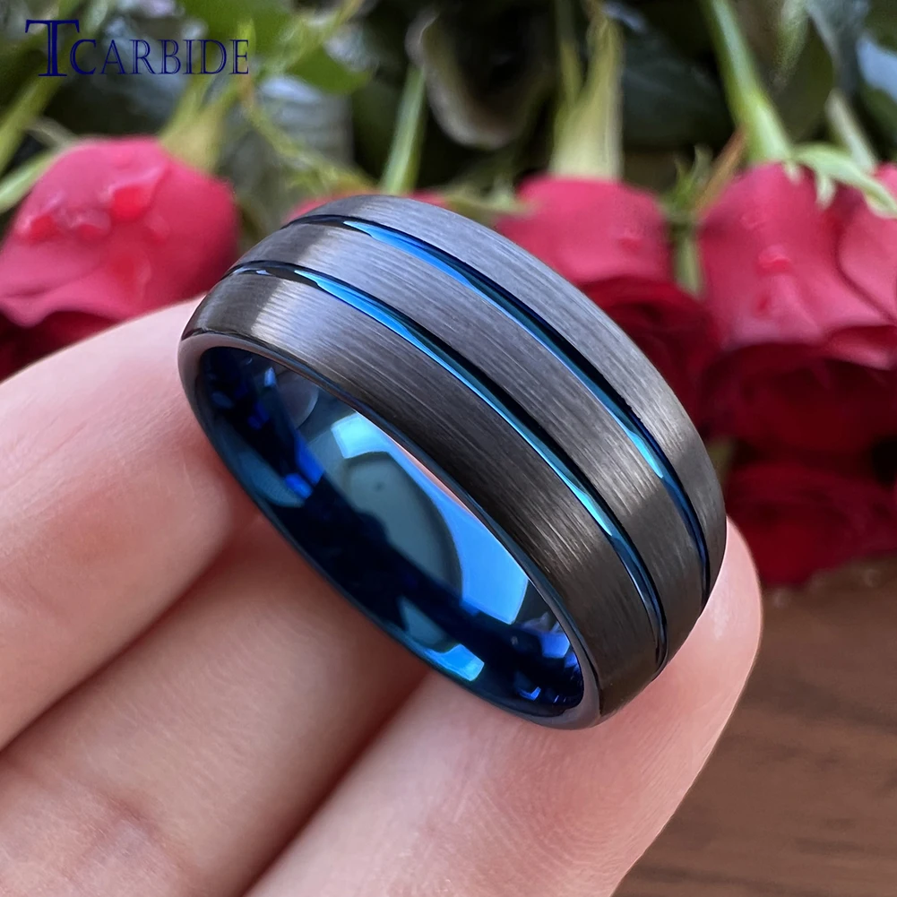 8MM Black Blue Tungsten Carbide Ring Men Women Wedding Band Domed Brushed Finish Comfort Fit