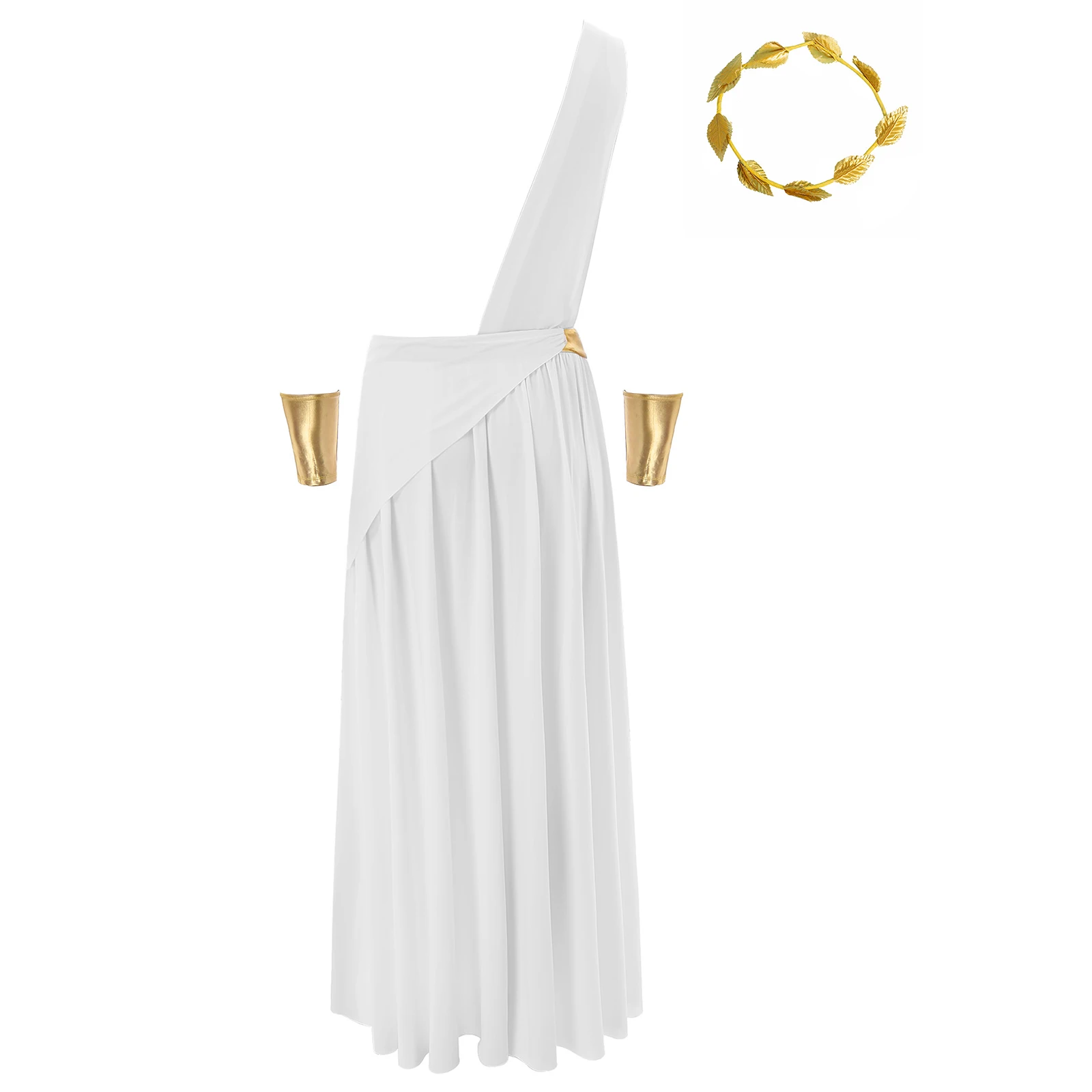 Mens Ancient Greek Costume Roman Emperor Cosplay Fancy Dress Outfits One Shoulder Toga with Wristband and Headwear for Halloween - view 4