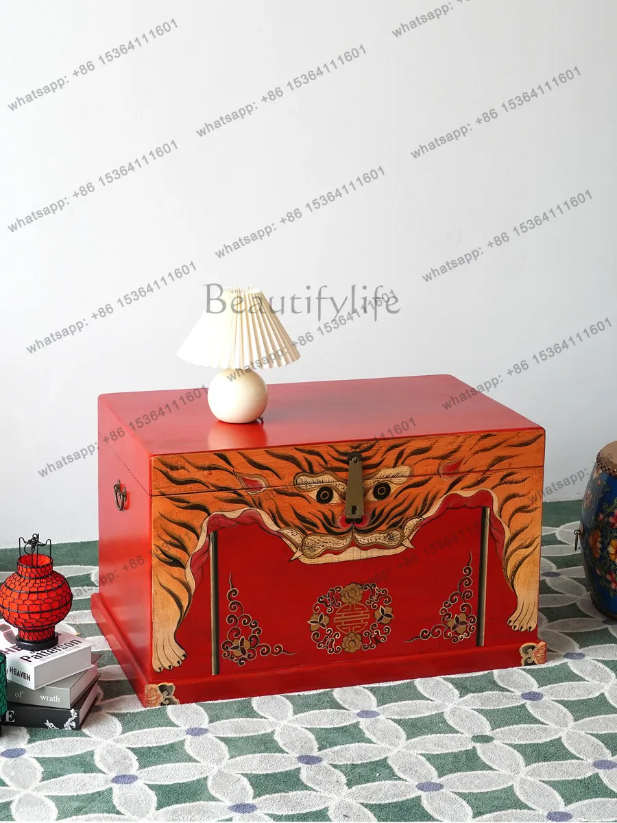 Chinese solid wood hand-painted box retro painted large capacity storage small coffee table