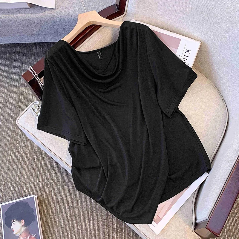 Plus Size, Summer Drop Neck Fashion Knitted Sweatshirt Fat mm Summer Street Pear Shape Top 3397