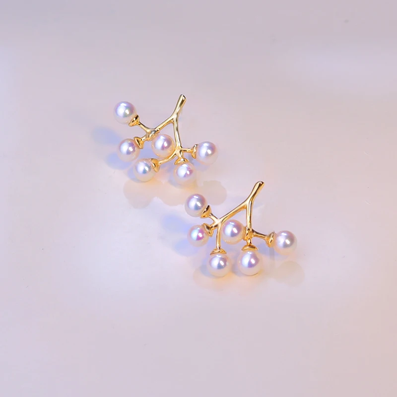 

Natural Akoya Saltwater Pearl Earrings, 18K Gold Twig Design Studs, Ultimate Luster Ocean Jewelry