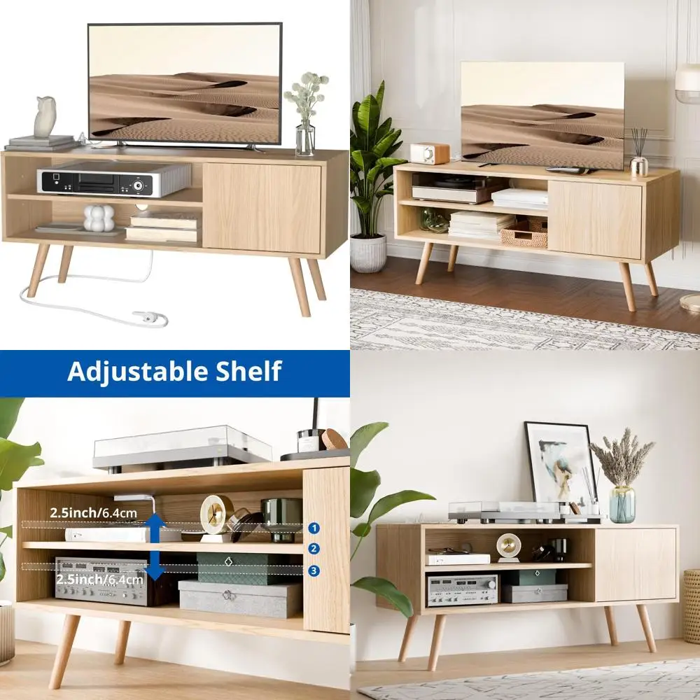 Mid Century Modern 48 Inch TV Stand with Storage Cabinet and Charging Media Console