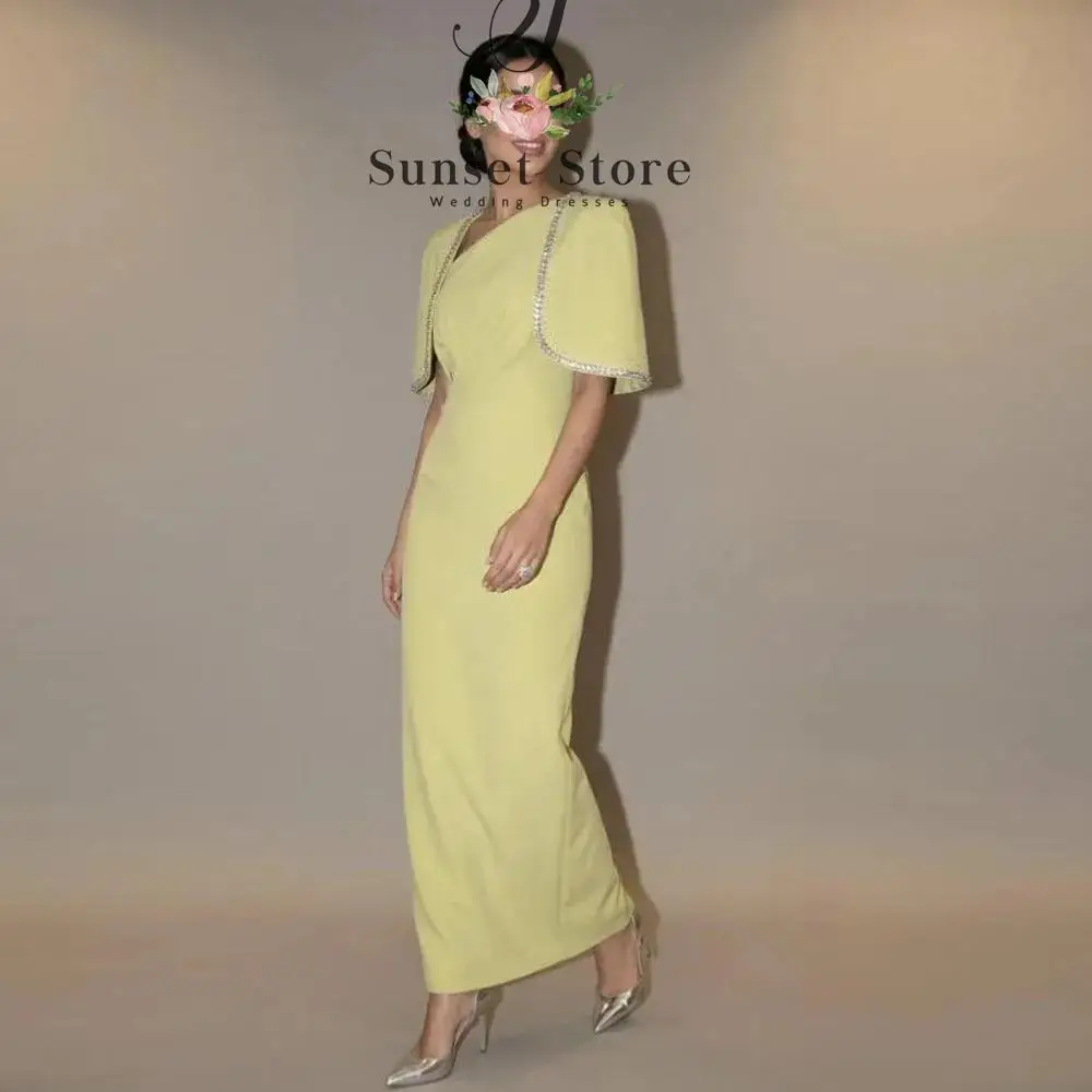 

Customized Neckline Prom Dress Cape Sleeve Straight Wedding Guest Outfit Bead Ankle Length Formal Occasion Attire