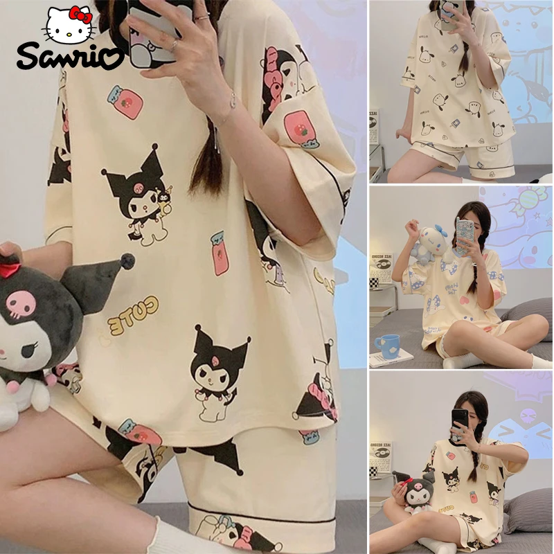 Sanrio Short Kuromi Sleeve Nightwear Pajama Set Women Print Sleepwear Round Neck Short Sleeved Top Loungewear Homewear Gift