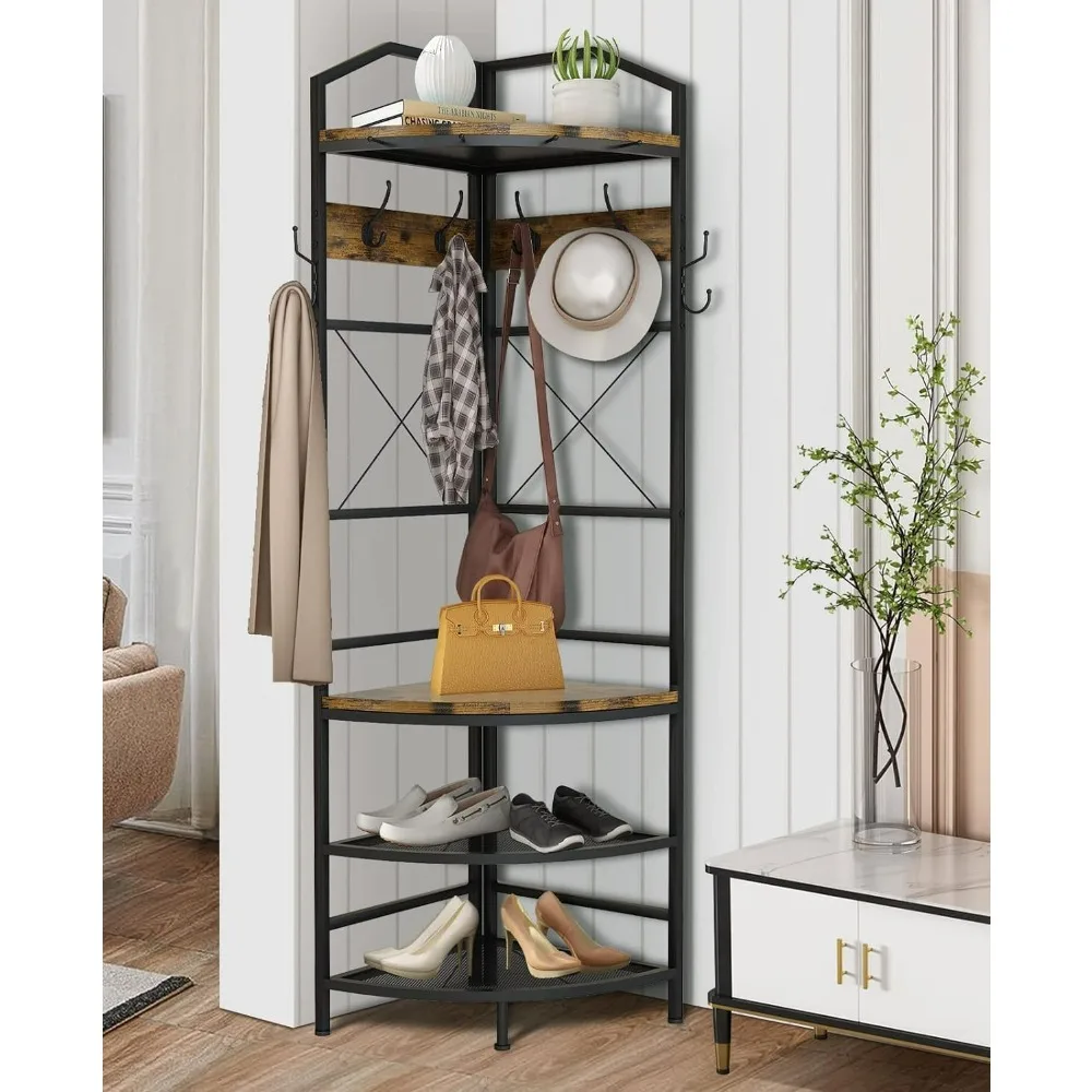 4-Tier Corner Coat Rack with Shoe Storage Entryway, Farmhouse Corner Hall Tree with Bench and 6 Metal Hooks