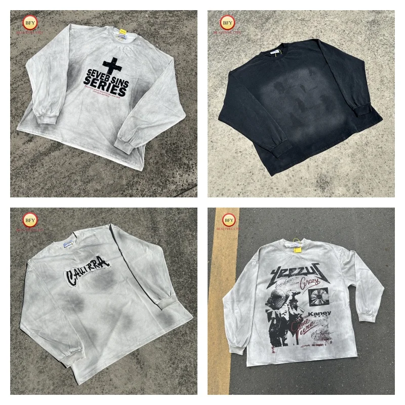 Multicolor High Quality Washed Jet Color Graffiti Branded Long Sleeve T-Shirt Mens Womens Autumn Winter Vintage Clothing