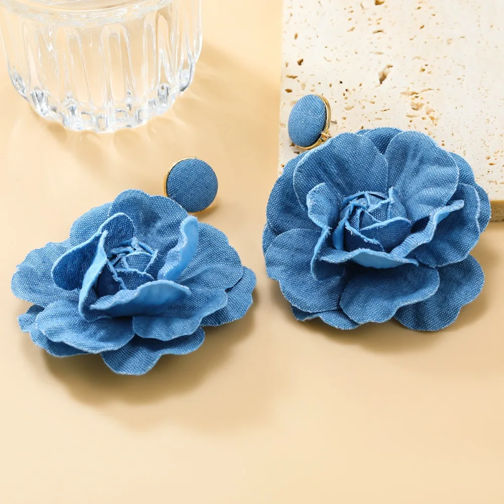 New Handmade Blue Rose Earrings Denims Exaggerate Flower Earrings Ornament Denim Blue Fabric Earrings