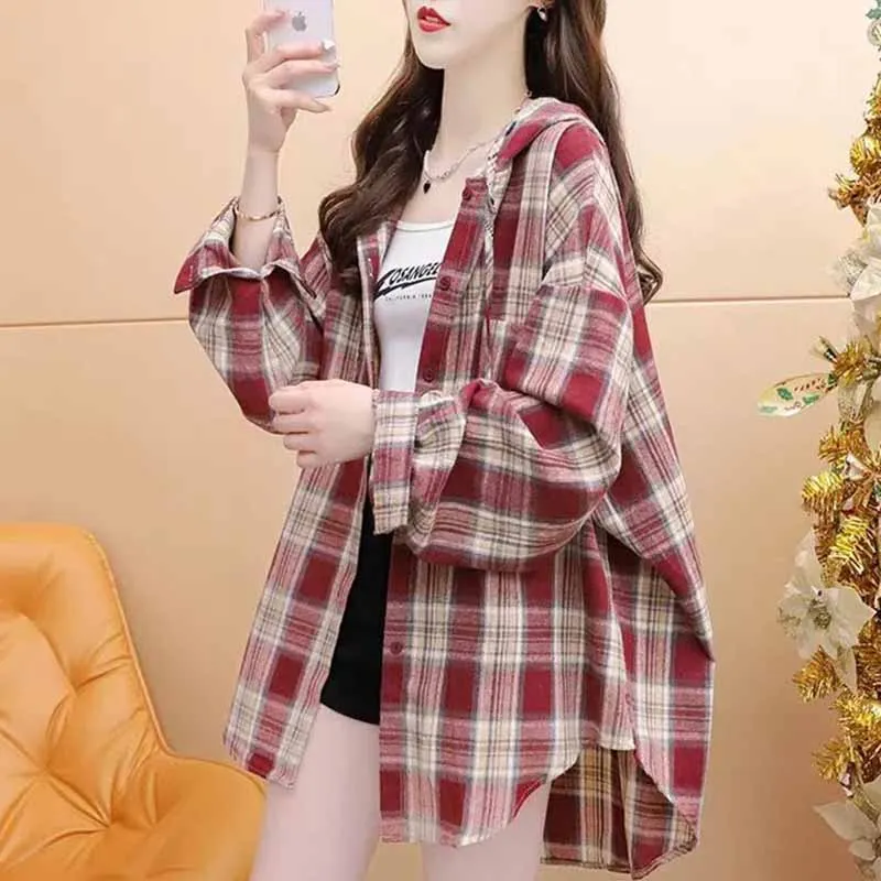 

Women Spring Autumn New Lazy Wind Long Sleeved Leisure Cardigan Blouse Female Korean Loose Fitting Hooded Plaid Shirts Jacket