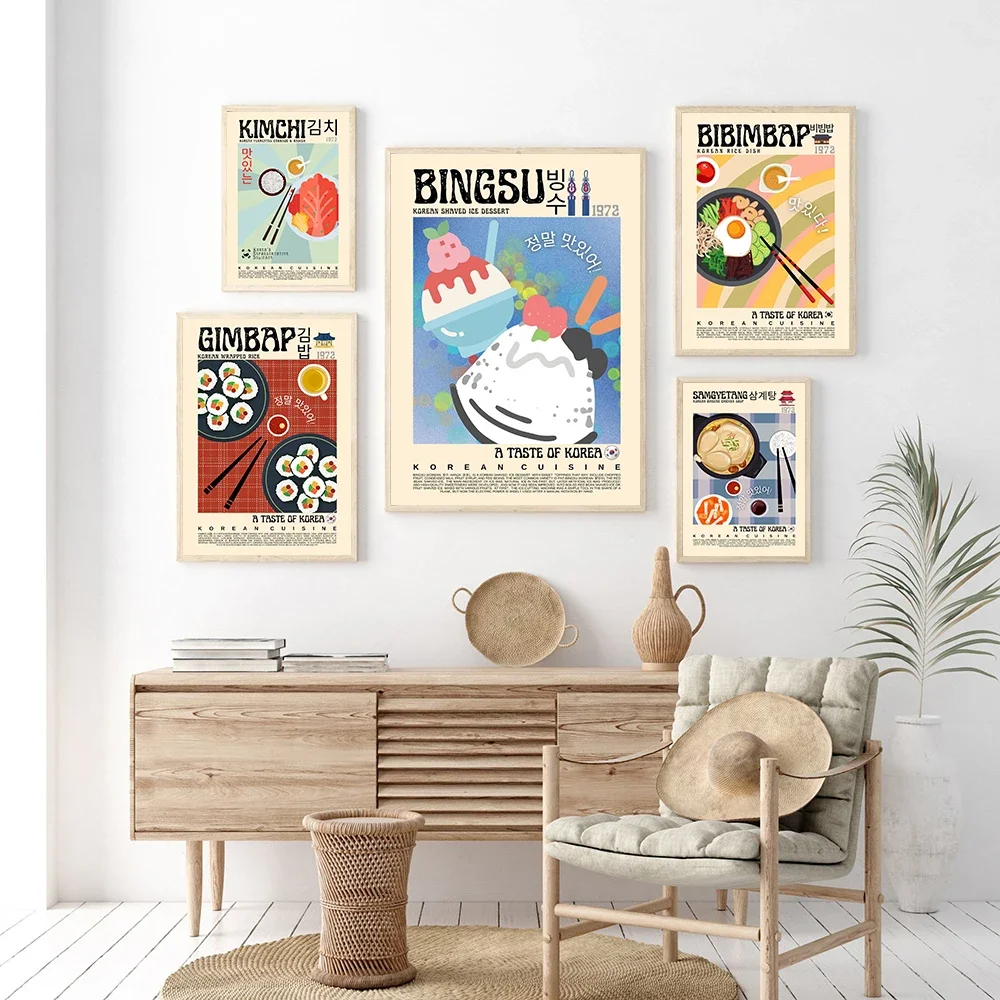 Gimbap Kimchi Bibimbap póster Retro coreano comida Vintage imágenes artísticas de pared cocina pintura en lienzo impresiones de decoración de cocina moderna