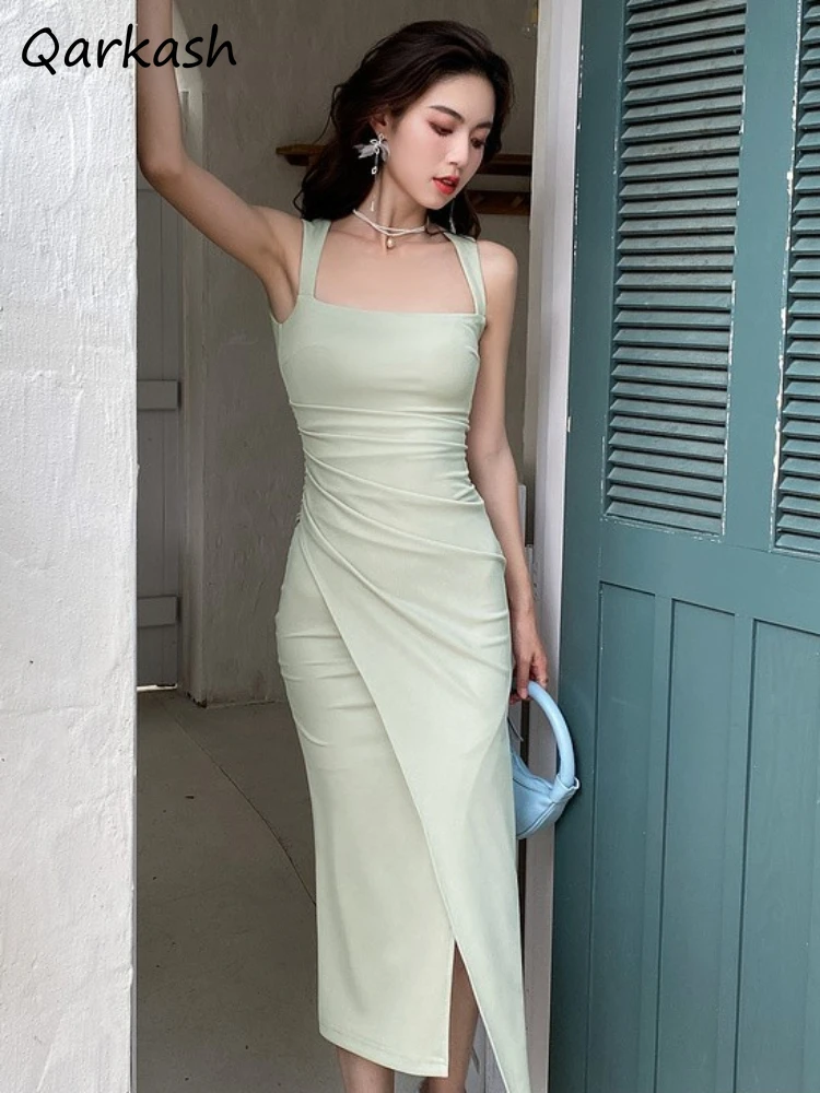 Women Dresses Elegant Sleeveless Irregular Office Lady Decent Summer French Style Tight Temperament Square Collar New Arrival