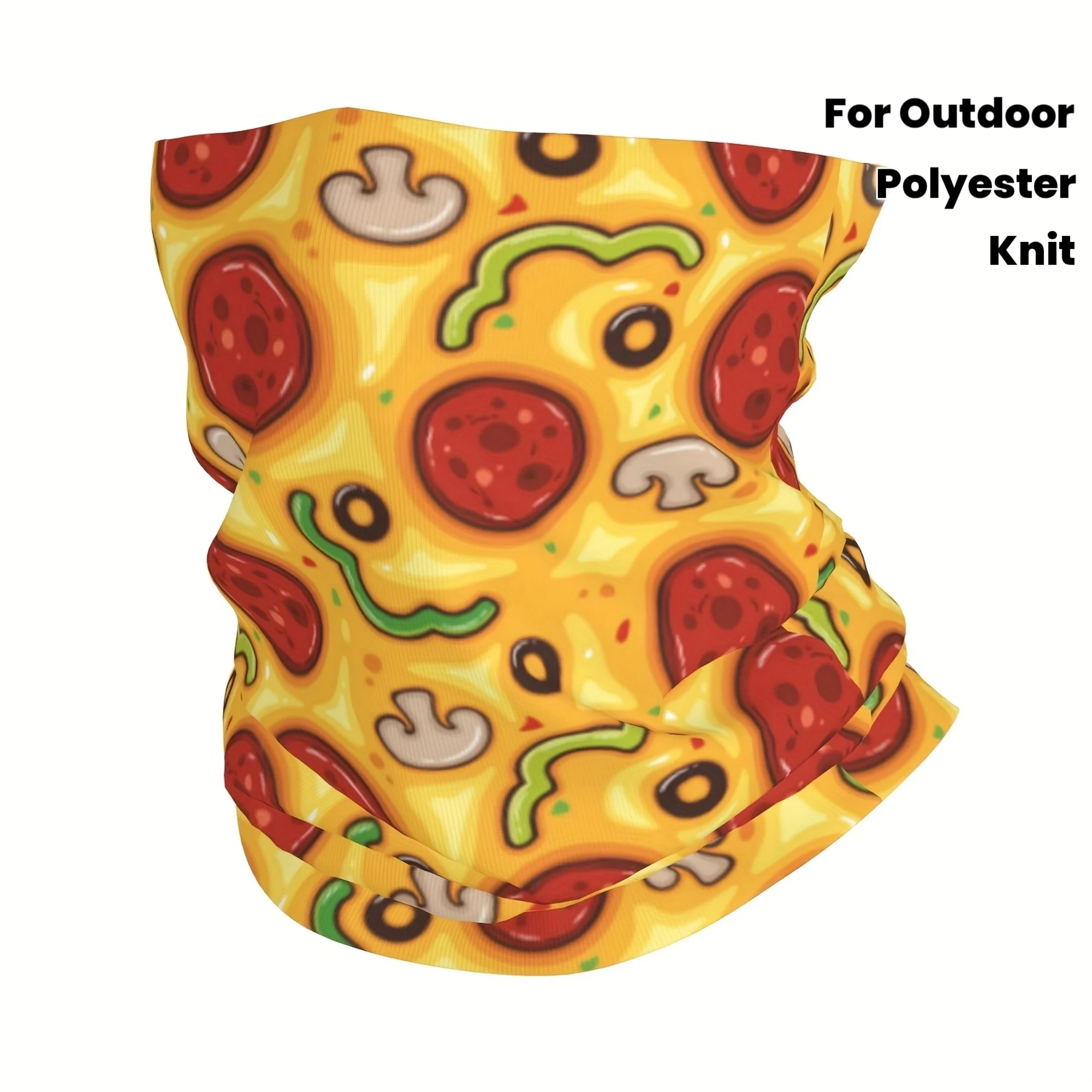 

Pizza-Themed Neck Gaiter Breathable Polyester Knit Scarf with Mushroom Pepperoni Design, Stretchy Comfortable