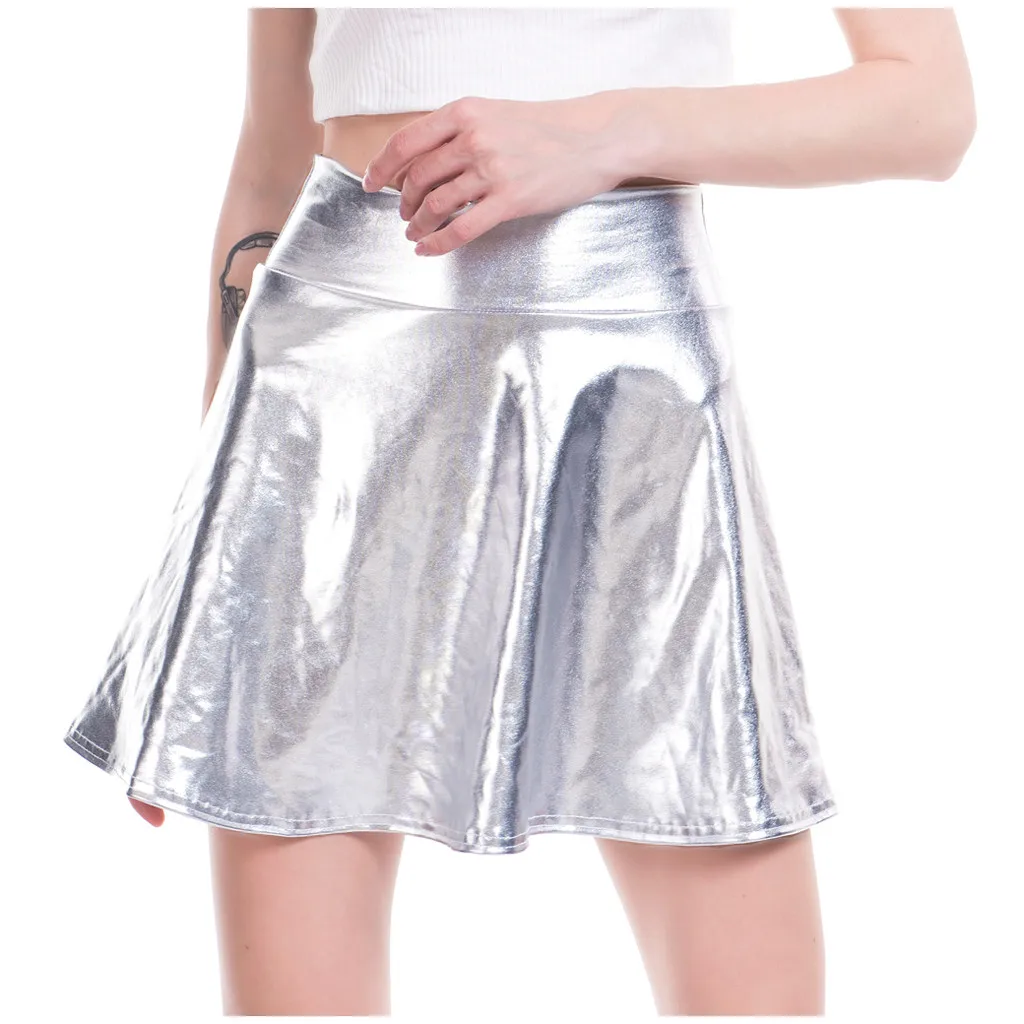 

Metallic Shiny Women's Mini Skirts 2024 Summer High Waist Night Clubwear Pleated Skirt Sexy A-Line Ruffled Ultra Short Bottoms