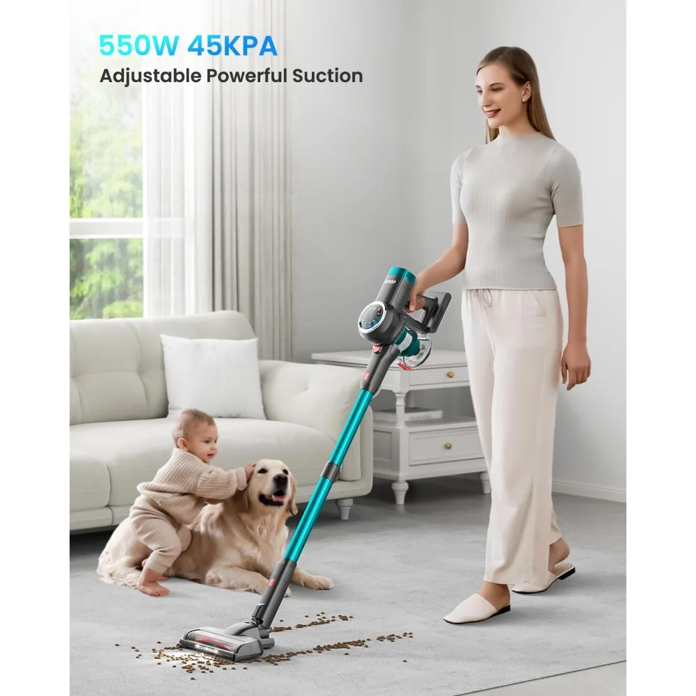 Cordless Vacuum Cleaner, 550W/45Kpa/60Mins Vacuum Cleaners for Home, Self-standing Stick Vacuum with LED Display