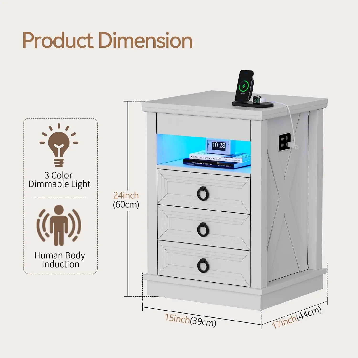 LED Nightstand with Lockable Gun Drawer and Human Sensor, White, Customized