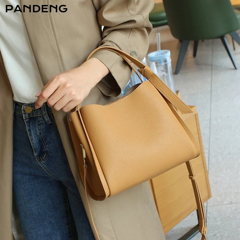 Ladies Commute Large Capacity Bucket Bags Women's Cow Genuine Leather Shoulder Bag Female Retro Fashion Luxury Designer Handbags