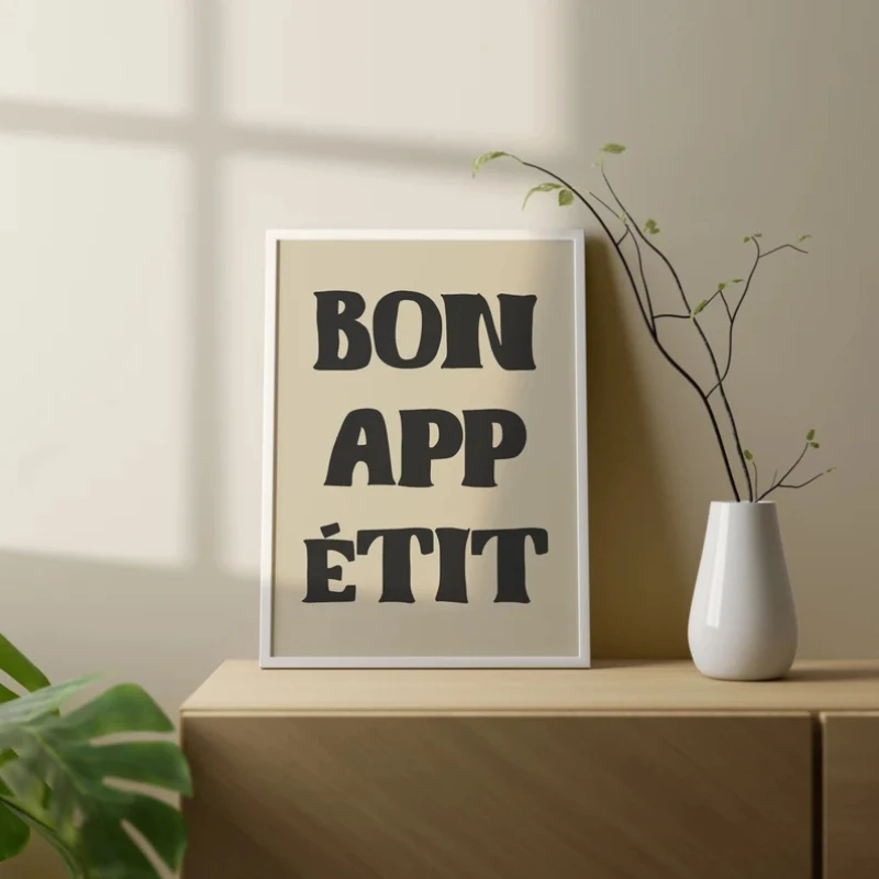 1pc Bon Appetit Art Poster French Minimalist Wall Decor French Quotes for Kitchen Dining Room Living Room Bedroom Home Office