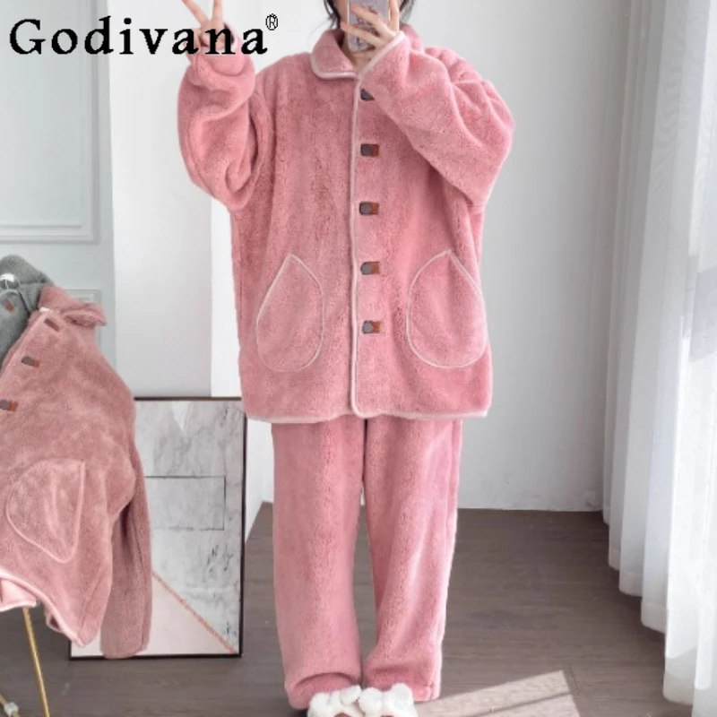 

Large Size Women Winter Warm Thickened Fleece Cardigan Pajamas Comfortable Flannel Loose Elastic Waist Trousers Loungewear Sets