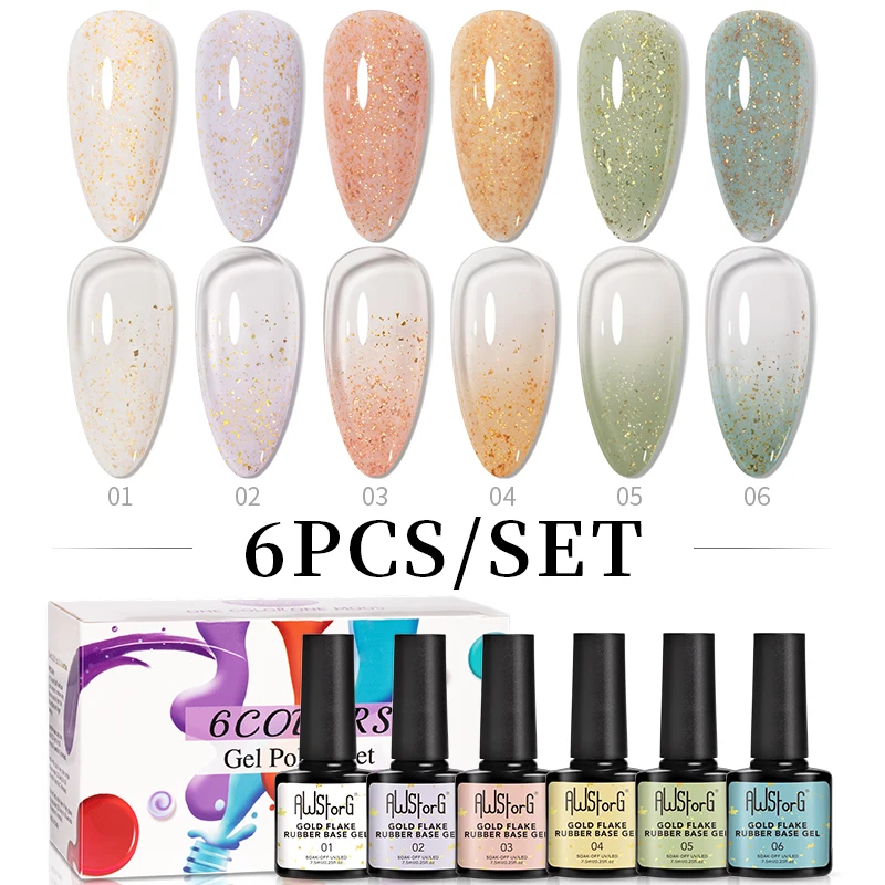 AWStorG 6 قطعة/المجموعة 7.5 مللي الذهب تقشر بريق المطاط قاعدة هلام البولندية إثارة الترتر شبه دائم نقع قبالة مسمار الفن الورنيش